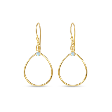 A pair of gold teardrop dangle earrings with a small light blue bezel-set stone at the top, shown against a plain white background.