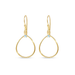 A pair of gold teardrop dangle earrings with a small light blue bezel-set stone at the top, shown against a plain white background.