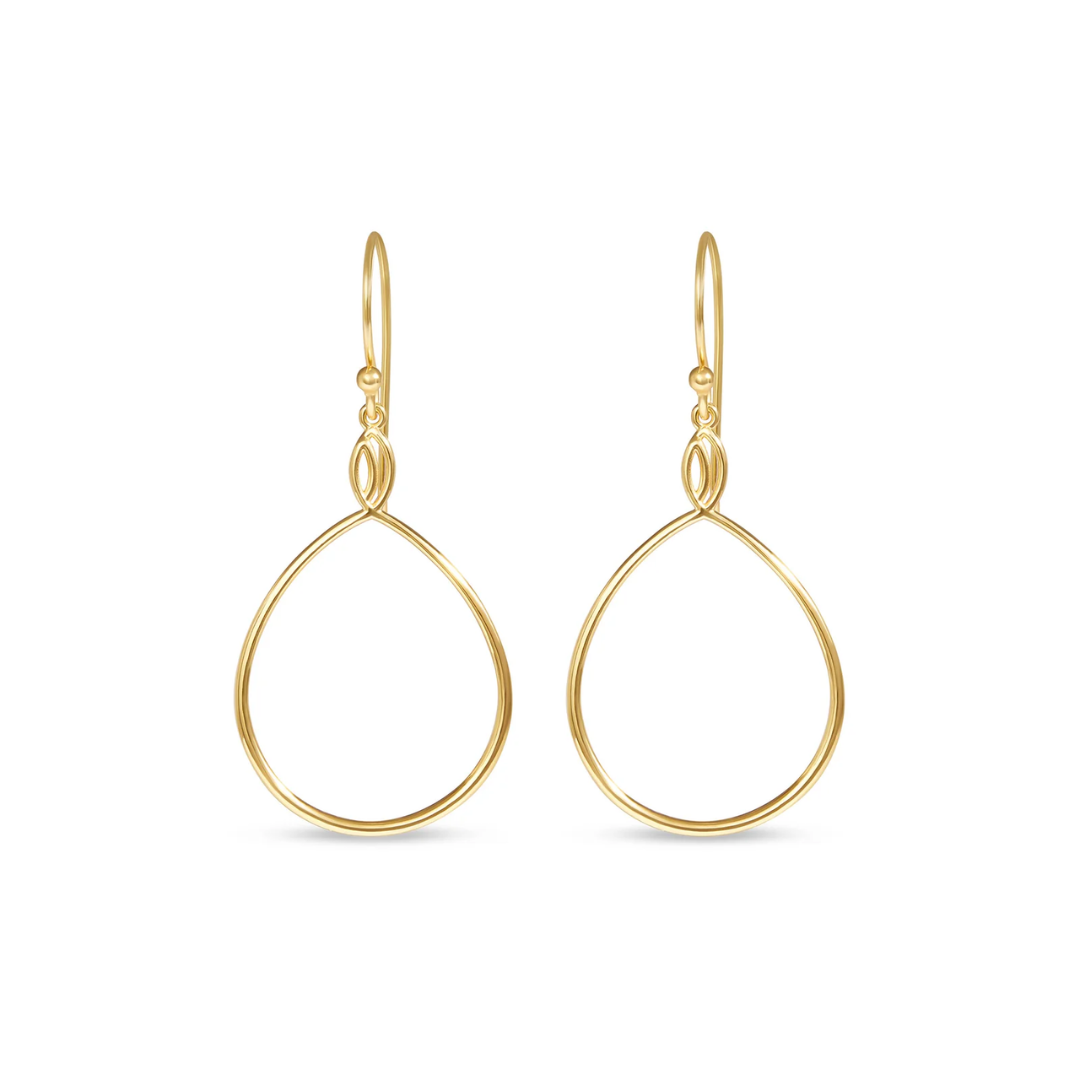 A pair of gold teardrop dangle earrings with open wire loops and leverback hooks, shown on a plain white background.
