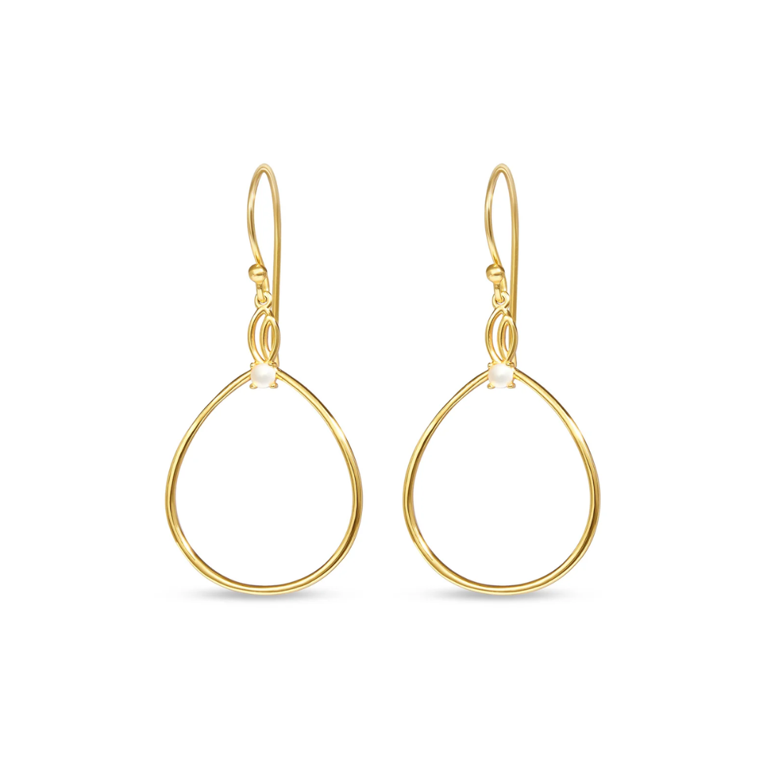 A pair of gold teardrop dangle earrings with open circular wire frames and leverback hooks, shown on a plain white background.
