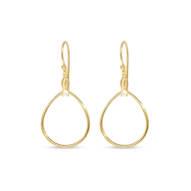 A pair of gold teardrop dangle earrings with open circular wire frames and leverback hooks, shown on a plain white background.