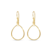 A pair of gold teardrop dangle earrings with open circular wire frames and leverback hooks, shown on a plain white background.