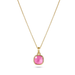 Gold necklace with a pink gemstone pendant on a white background