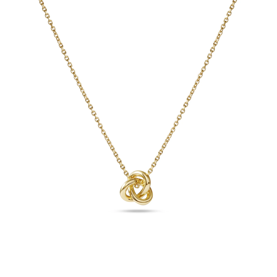A delicate gold chain necklace featuring a polished gold knot pendant, displayed against a clean white background.