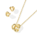 Gold jewelry set featuring a knot pendant necklace, matching stud earrings, and a delicate chain on a clean white background.