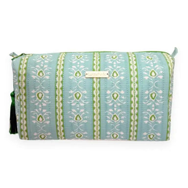 A rectangular zippered pouch with a light blue and green vertical striped pattern featuring white floral motifs, a small gold-tone brand plaque, and a green tassel zipper pull on a white background.