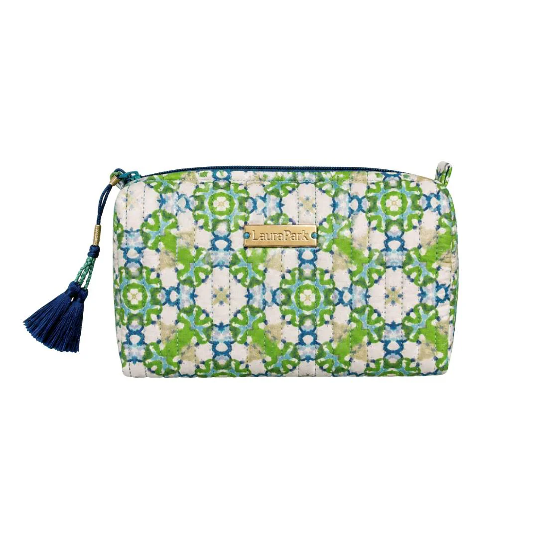 A rectangular zippered pouch by Leithani featuring a green, blue, and white floral geometric pattern, with a navy blue tassel zipper pull and a small gold-tone brand plaque on the front.
