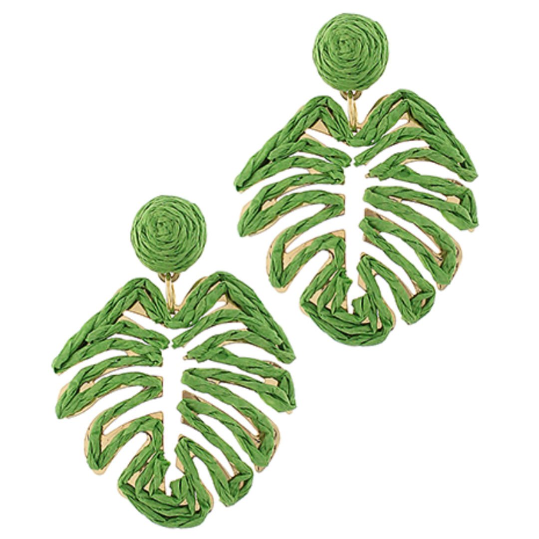 Green leaf-shaped earrings on a white background