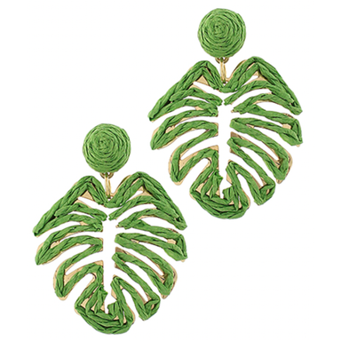 Green leaf-shaped earrings on a white background
