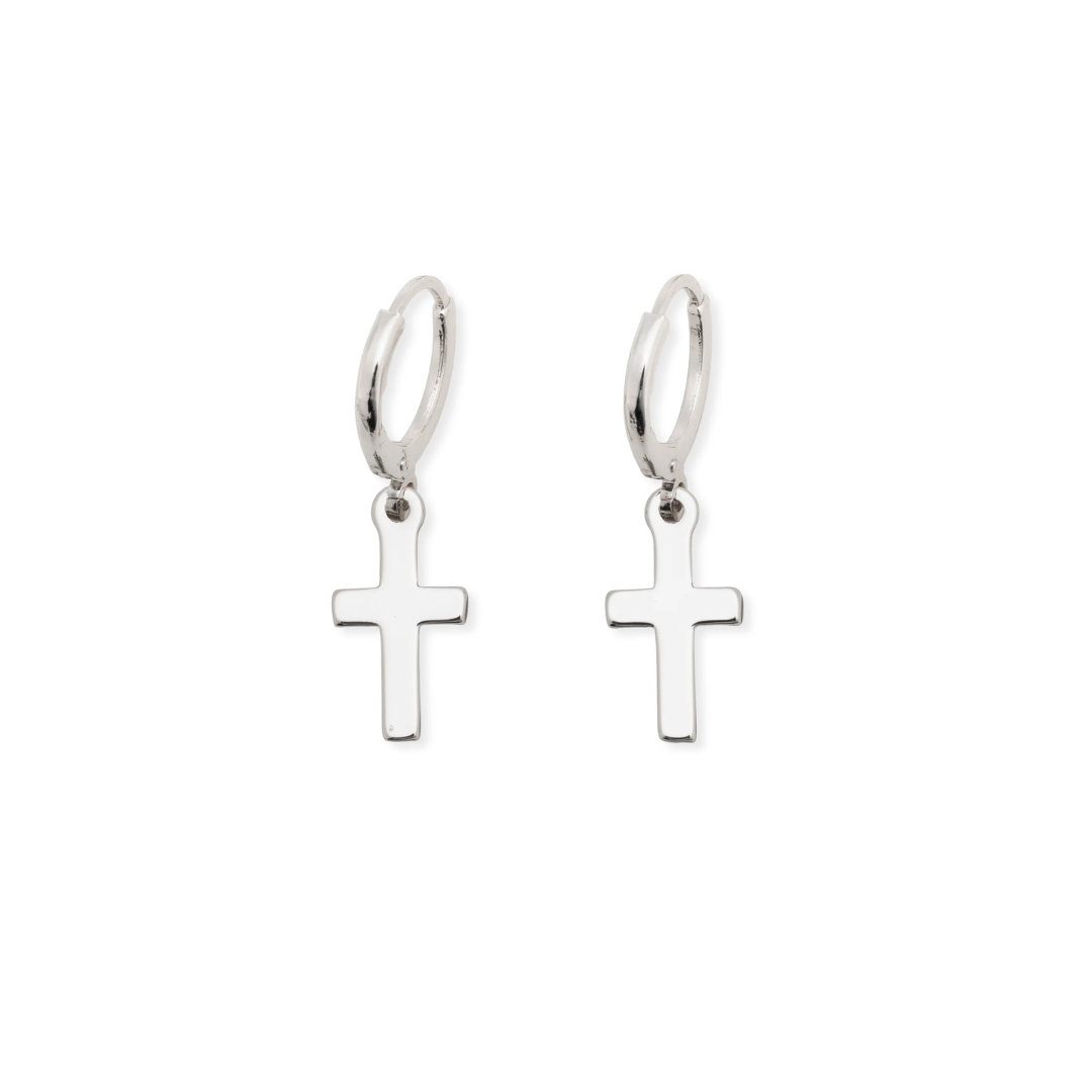 A pair of silver hoop earrings with small cross charms, displayed on a clean white background.