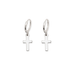 A pair of silver hoop earrings with small cross charms, displayed on a clean white background.