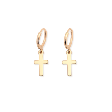 A pair of gold hoop earrings with small cross pendants, displayed on a clean white background.