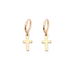 A pair of gold hoop earrings with small cross pendants, displayed on a clean white background.