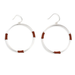 A pair of silver-tone hoop earrings with small brown wrapped accents, shown on a plain white background.