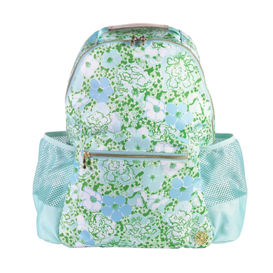 The dribtview of a Lilly Pulitzer backpack featuring a light green and white floral print, vertical green and white stripes on the shoulder straps, and light blue mesh side pockets, shown against a plain white background.