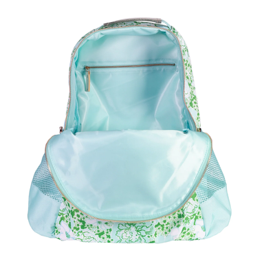 An open Lilly Pulitzer backpack with a light aqua interior, a floral green and white patterned exterior, and gold-tone zippers, shown against a plain white background.
