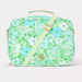 A rectangular lunch bag or travel case with a floral print in mint green, light blue, and white, featuring a matching green-and-white striped shoulder strap with a gold buckle and a small gold monogram logo.