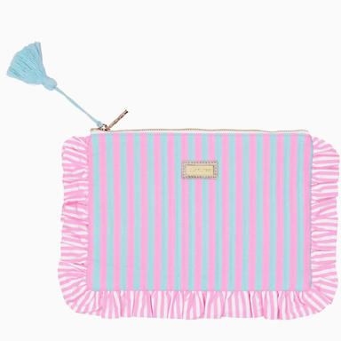 Pink and blue striped pouch with ruffle edge and tassel on a white background