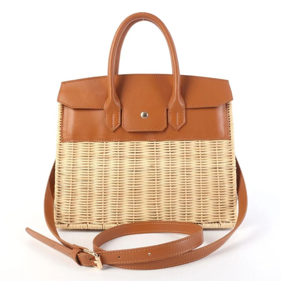 Brown handbag with wicker design on a white background