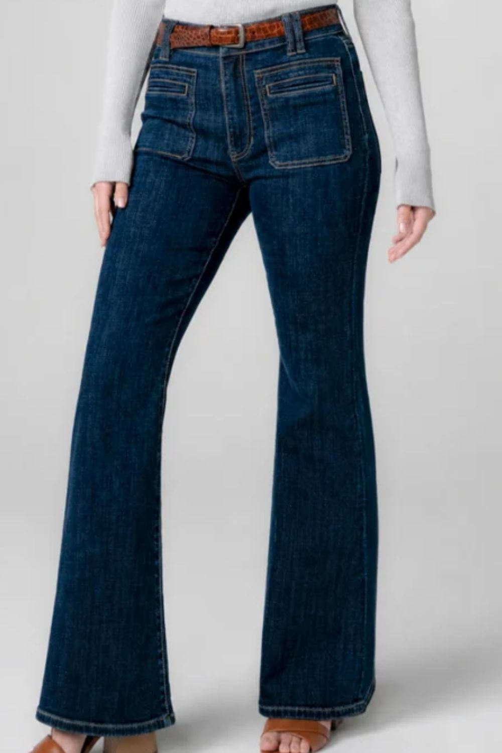 front view of model wearing Liverpool Hannah Flare with Vintage Patch Pockets - Collegiate Blue