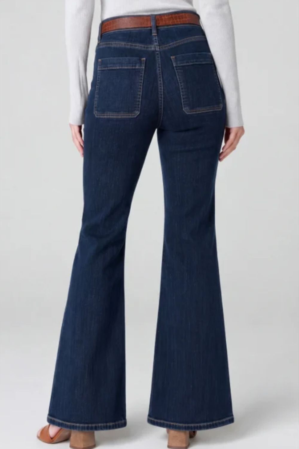 back view of model wearing Liverpool Hannah Flare with Vintage Patch Pockets - Collegiate Blue