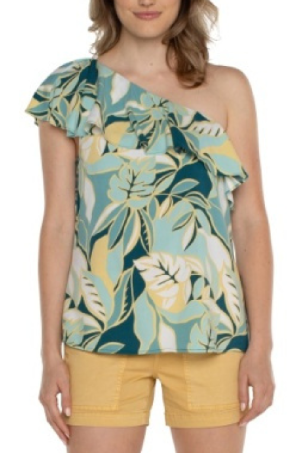 Liverpool One Shoulder Ruffle Top - Teal Tropical