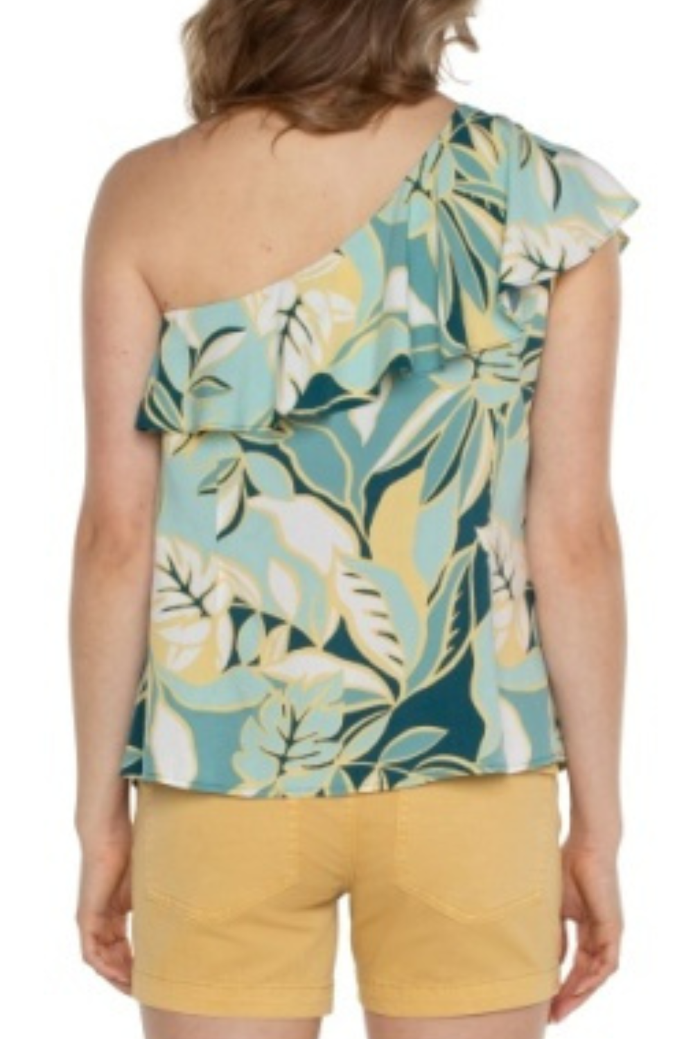 Liverpool One Shoulder Ruffle Top - Teal Tropical