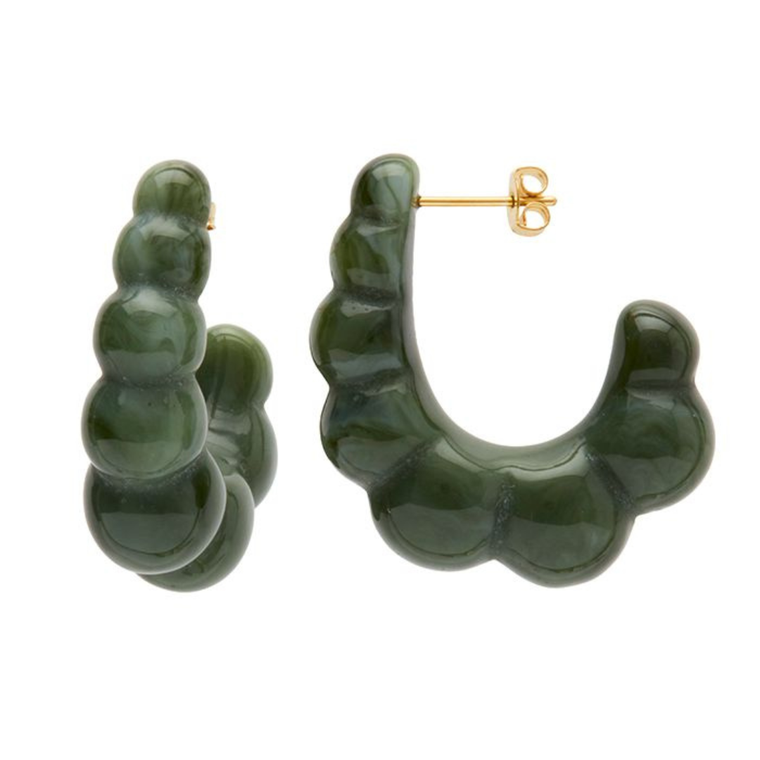 Dark green textured crescent hoop earrings with a gold post and butterfly back, shown on a plain white background.