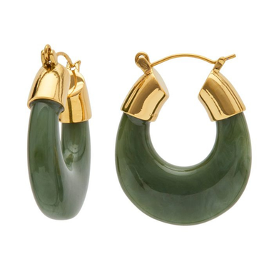 A pair of large crescent-shaped hoop earrings with polished dark green stone-like bodies and shiny gold-toned metal tops and posts, shown on a plain white background.