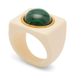 A modern statement ring featuring a matte cream-colored square bezel with a large, polished green malachite cabochon and a thin gold bezel setting, shown on a white background.