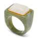 A green jadeite ring with a square-shaped white stone and a gold bezel setting, shown on a white background.