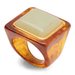 A square-shaped ring with a translucent amber-brown marbled resin band and a light green stone inset in a gold-toned bezel, shown on a white background.
