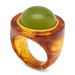 A chunky ring featuring a smooth, polished green dome stone in a bezel setting, surrounded by a thick, marbled amber and orange resin band with a hollow center.