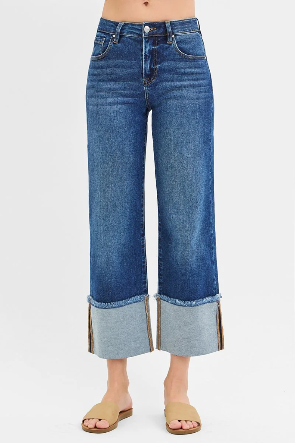 Risen Mid Rise Wide Leg Cuffed Jean - Dark Wash