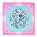 A square silk scarf featuring a central blue and white porcelain ornament pattern surrounded by green leaves on a white background, framed by concentric light blue and mint green borders, and finished with a pink outer border containing decorative text.