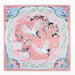 A square silk scarf from the brand Sadori, featuring a pink and light green background with a traditional Japanese crane and cherry blossom design.