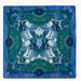 A square silk scarf featuring a symmetrical botanical and fan-like pattern in shades of blue, teal, and green, with white tulips and gold decorative details, shown flat against a white background.