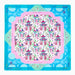 A square silk scarf laid flat, featuring a vibrant traditional Chinese garden pattern with pagodas, cherry blossoms, and cranes. The design is framed by a pink inner border and a bright blue outer border with Chinese characters and decorative motifs.