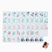 A set of white mahjong tiles arranged in a grid on a light gray background, each tile featuring different floral, bird, and animal illustrations in pastel colors. A single tile is shown standing upright in the bottom right corner.