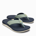 Pair of green and navy sandals on a white background