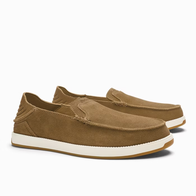Pair of brown slip-on shoes with white soles on a white background