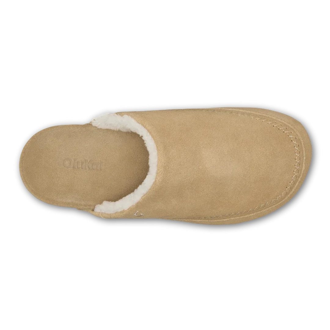 A top-down view of a light tan suede slipper with a white shearling lining, showing the brand name 'Old Navy' printed on the insole, set against a plain white background.