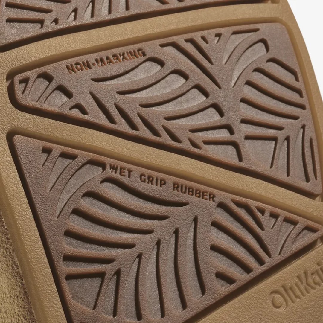Close-up of a brown rubber shoe sole showing textured sections labeled 'NON-MARKING' and 'WET GRIP RUBBER' with a leaf-like tread pattern.