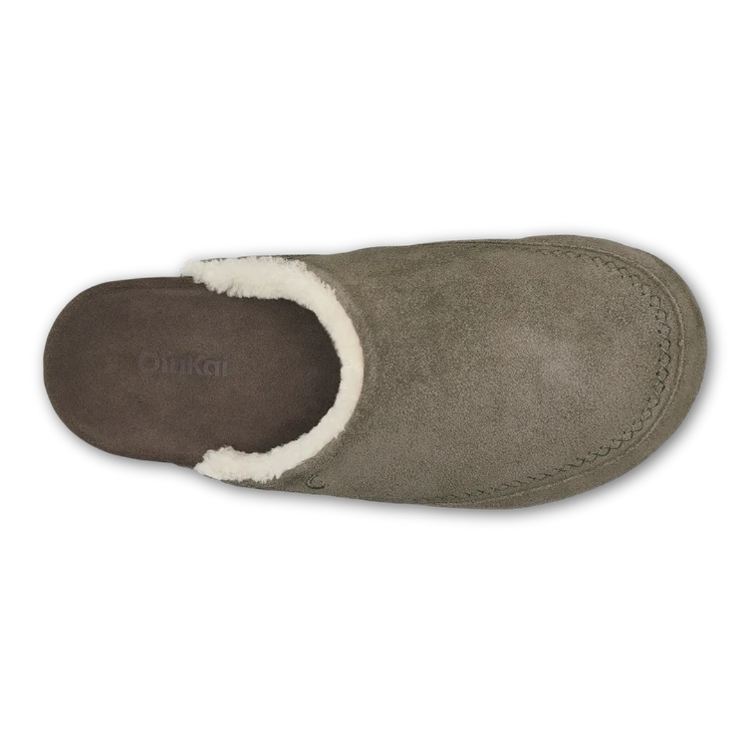 A single taupe-brown suede slipper with a white sherpa lining, shown from a top-down view on a white background.