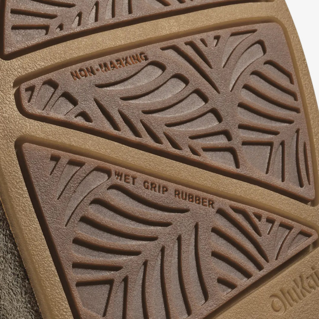 Close-up of a brown textured shoe sole showing embossed leaf-like tread patterns and text reading 'NON-MARKING' and 'WET GRIP RUBBER'.
