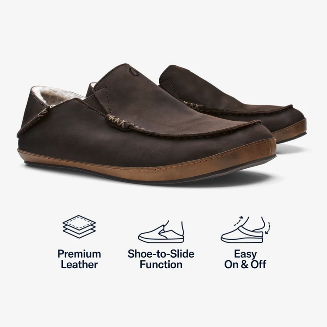 Brown slip-on shoes with features highlighted on a white background