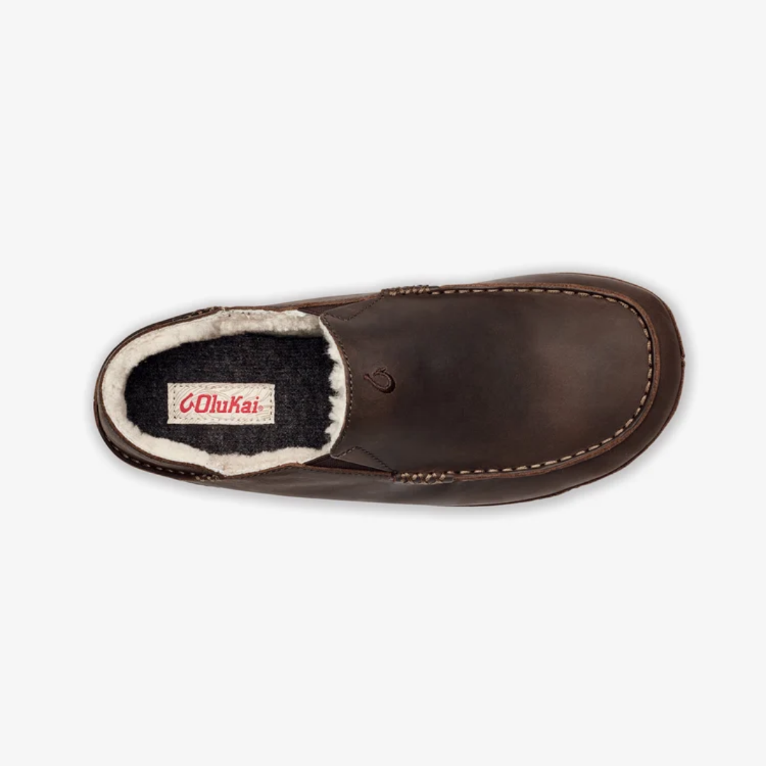 Brown slip-on shoe with white lining on a white background