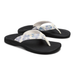 Pair of black sandals with floral straps on a white background