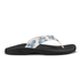 Black sandal with blue floral design on a white background