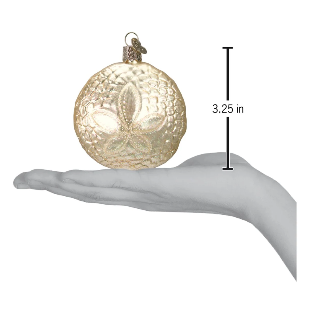 Gold textured Christmas ornament held in a hand with a measurement label indicating 3.25 inches.